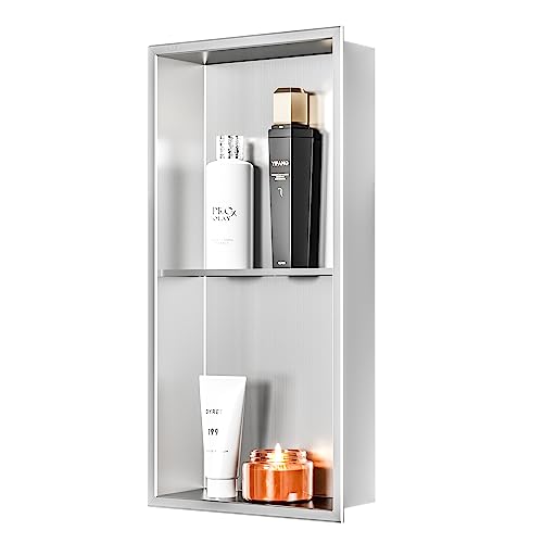 Qeke 12" x 24" Stainless Steel Shower Niche w/Double Shelves, Brushed Nickel - color: Brushed Nickel, size: 12X24"