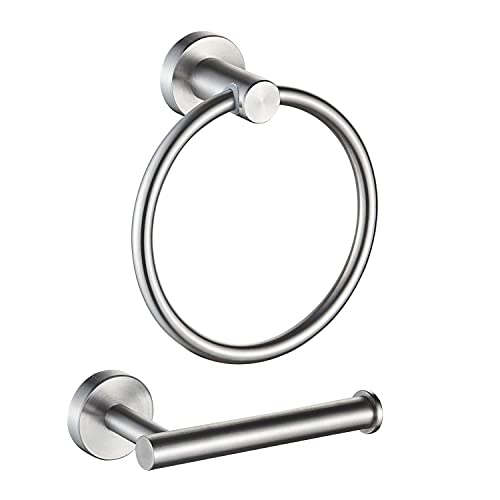 MARMOLUX ACC 2-Pc Bathroom Hardware Set - Hand Towel Holder for Bathroom Wall - Toilet Paper Holder Stand Wall Mount - Towel Holder Hanger Rack Stainless Steel Bathroom Set Towel Ring - Brushed Steel - color: Brushed Steel, size: 2pc Bundle
