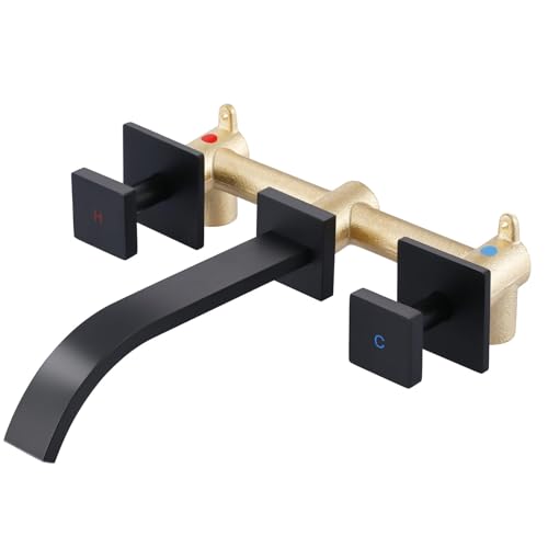 ALEASHA Wall-Mounted Bathroom Sink Faucet, Matte Black Bathroom Faucet | Waterfall Bathroom Faucet with Two Handles, Brass Bathroom Sink Faucet, Wall-Mounted Washroom Faucets and Rough-in Valve - color: Matte Black