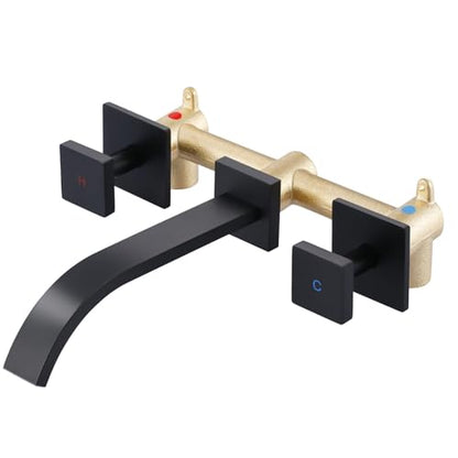 ALEASHA Wall-Mounted Bathroom Sink Faucet, Matte Black Bathroom Faucet | Waterfall Bathroom Faucet with Two Handles, Brass Bathroom Sink Faucet, Wall-Mounted Washroom Faucets and Rough-in Valve - color: Matte Black