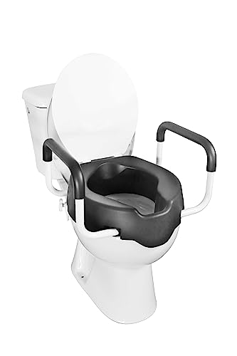 KMINA 4 Inch Soft Raised Toilet Seat with Handles and Lid, 220 lb Capacity, Fits Round & Compact Elongated Bowls up to 15" Wide, Tool-Free Clamp-On Riser, Black | Toilet Booster for Elderly, Seat Adapter with Armrests, Soft Foam, Adjustable Anchors, Easy