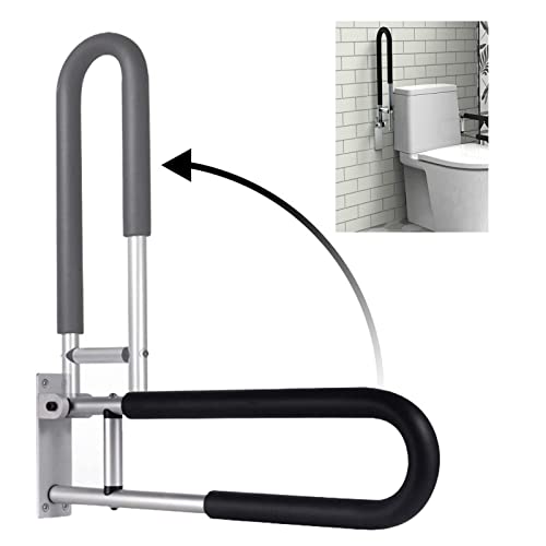 Toilet Grab Bars Bathroom Foldable Handrail Drop Down Toilet Safety Support Rails Wall Mounted Alloy Handicap Grab Bars Rails for Seniors Pregnant Woman,Black（Black） - color: Black