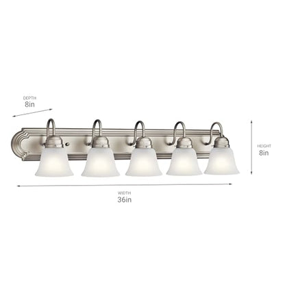 Kichler 36" 5-Light Vanity Bath Light in Brushed Nickel, Modern Bathroom Light with Clear Satin Etched Glass, (36" W x 8" H), 5339NIS - color: Brushed Nickel, size: 36"