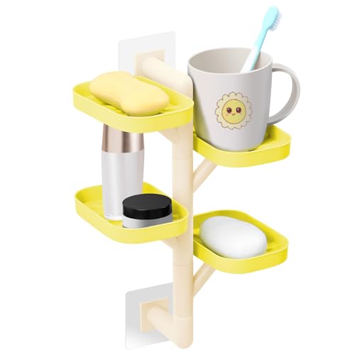 Soap Holder Four Layer Wall Mounted NO-Drilling Rotatable Self-draining Removable Soap Dish for Shower Bathroom Tray,Self Draining Sponge Holder,Razor Holder (Yellow/Ecru) - color: Yellow/Ecru