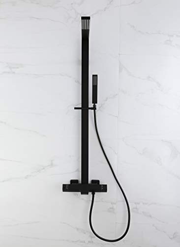 Wall Mounted Contemporary Thermostatic Shower Faucet Set Mixer Bathroom Bathtub Tap Fixtures Rainfall Waterfall Exposed Pipe Shower System with Tub Spout for Shower and Bath 3 Functions Matte Black