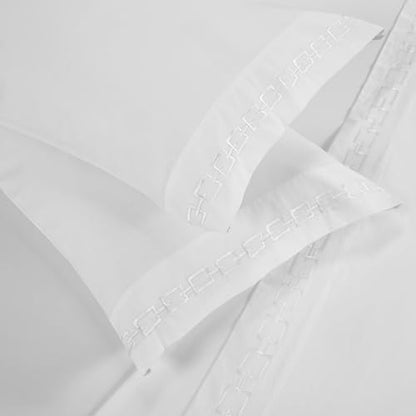 Superior Embroidered Cotton Bed Sheet Set, 1 Elastic Deep Pocket Fitted Sheet, 1 Flat Sheet, 1 Pillowcase, Daily Soft Sheets, Luxury, Unique Design, Chain Links Collection, Twin Size, White/White - color: White-white, size: Twin