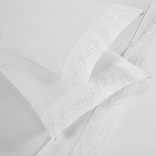 Superior Embroidered Cotton Bed Sheet Set, 1 Elastic Deep Pocket Fitted Sheet, 1 Flat Sheet, 2 Pillowcases, Daily Soft Sheets, Luxury, Unique Design, Chain Links Collection, King Size, White/White - color: White-white, size: King