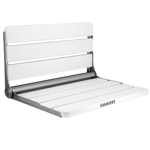 Wall Mount Shower Seat 18" for Adults ﻿ | Shower Bench Wall Mount for Inside Shower, Fold Down Shower Seat, Shower Seats for Adults ﻿ - color: White & Stainless Steel & Silver