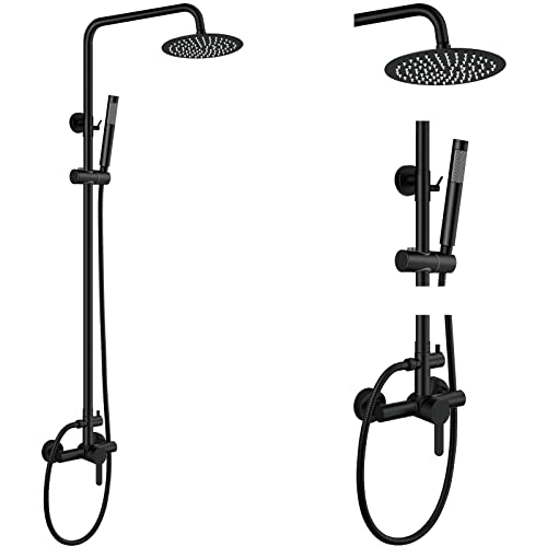 Aolemi Outdoor Shower Kit SUS304 with Cylinder Handheld Matte Black | 2 Function,8 Inch Head,Cylinder Handheld Spray,Adjustable Height,Outside Exposed Shower Fixture,Single Handle,Wall Mount - color: Black