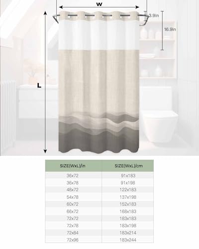 No Hook Shower Curtain and Snap in Liner Set, Grey Beige Ombre Bathroom Stall Shower Curtains 36x72 Inch, See Through Mesh Top Window, Minimalist Ocean Waves Linen Hotel Style, Washable Waterproof - size: 36"W x 72"L (Pack of 1)