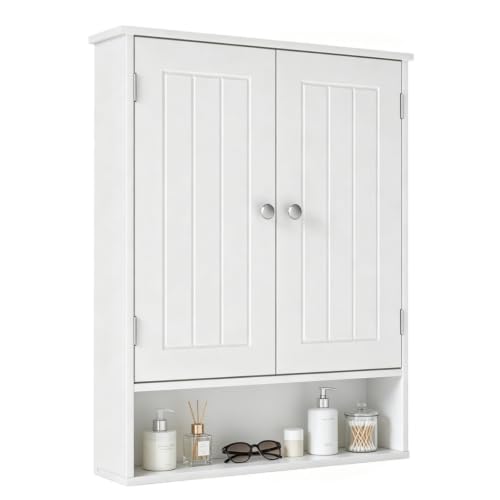 Bathroom Wall Cabinet, Over Toilet Storage Medicine Cabinet with 2 Doors and Adjustable Shelf, Small Above Toilet Bathroom Cabinet with Open Shelf (White, 4)