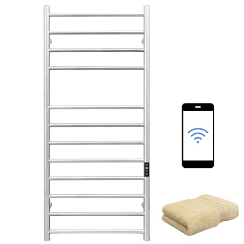 Smart WiFi Towel Warmer Wall Mounted with Built-in Timer and Temperature Adjust Control, 12 Bars Electric Stainless Steel Heated Towel Racks for Bathroom Brushed Nickel