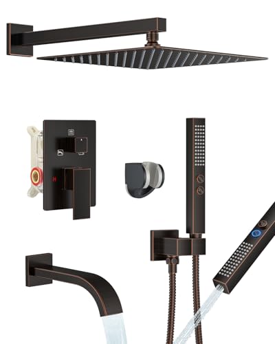 Oil Rubbed Bronze Shower System with Tub Spout, Wall Mounted Bathtub Faucet Set, 12" Rainfall Shower Head and Handheld Shower Combo, High Pressure Shower Fixtures Set with Rough-in Valve - color: Oil Rubbed Bronze, style: 12" Wall Mounted Shower System wi