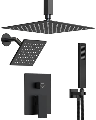 Matte Black 3-Function Shower System with 10" Rainfall & 6" Secondary Shower Head, Handheld Combo Set, Wall Mounted cUPC Certified Pressure Balance Valve - color: Matte Black