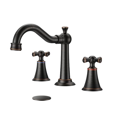 Hurran 8 Inch Widespread Bathroom Sink Faucet ORB, 3 Hole 2 Cross Handles Classic Vintage Antique Faucet with Metal Pop Up Drain and Supply Hoses for Vanity, RV, Farmhouse - color: ORB, size: 8in