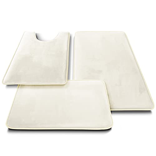Clara Clark 3 Piece Bathroom Rugs Bath Mat Set, Velvet Memory Foam Bath Mats for Bathroom - Non-Slip, PVC Backing Bath Rugs, Washable - Dries Quickly, White - color: Off White