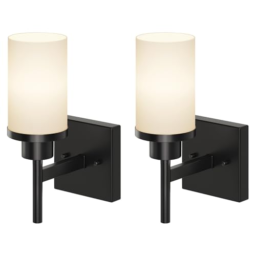 Wall Light Fixtures Matte Black Bathroom Vanity Lights Over Mirror with White Frosted Glass Shade, Wall Lamps for Porch Entrance, 2 Pack T001MB-L1-P2 - color: Matte Black, size: 1-Light (2 Pack)