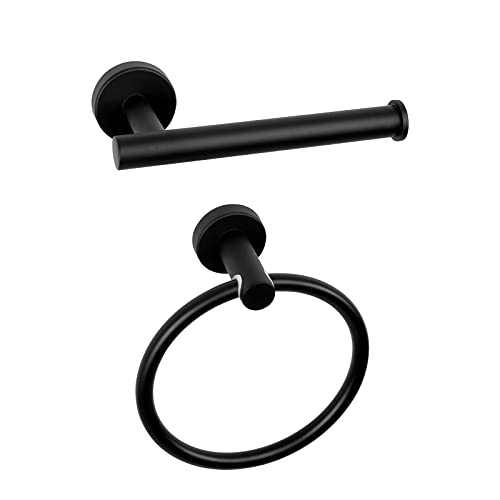 NearMoon 2 Pieces Bathroom Hardware Accessories, Towel Ring and Toilet Paper Holder- Stainless Steel Bath Towel Hanger and Hand Towel Holder, Wall Mounted (Matte Black) - color: Matte Black