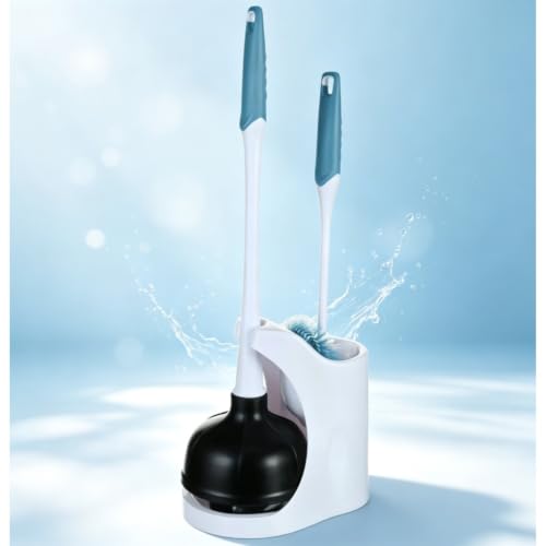 Space Saving Toilet Plunger & Brush Combo with Matching Storage Caddy, Heavy Duty Stain Resistant Bathroom Cleaning Kit for Small Bathroom Restroom Organizing