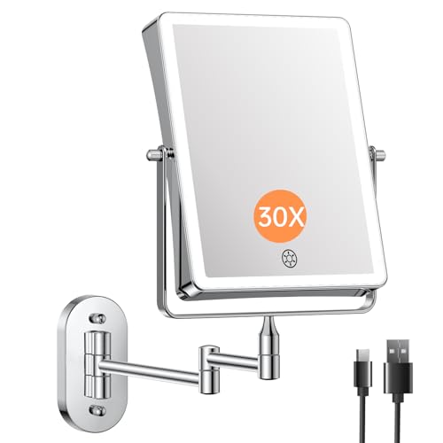 FASCINATE 8.7" 5000mAh Rechargeable Wall Mounted Makeup Mirror (Chrome) | Double Sided 1X/30X Rectangle Wall Mounted Magnifying Mirror with Light, 3 Color Setting, Extended Arm 360° Swivel Foldable - color: Chrome B
