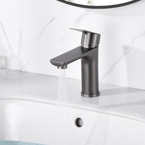 SUMERAIN Bathroom Faucets for Sink Lavatory Faucet 304 Stainless Steel Single Hole Single Handle, Gun Gray | Unique Flow Pattern, Water-saving, Lead-Free, with Faucet Supply Lines, Easy DIY Install - color: Gun Gray