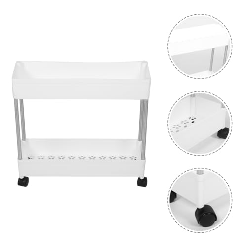 Slim Rolling Storage Cart, 2-Tier Mobile Shelving Unit, White Plastic and Iron Trolley Rack for Kitchen, Bathroom, Office, Laundry Room, 15.74 X 15.74 X 5.11 Inches