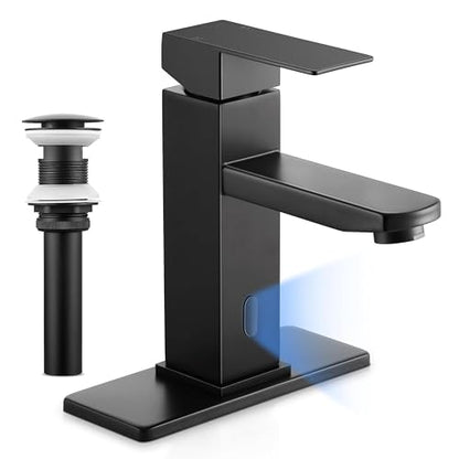 Herogo Touchless Bathroom Faucets Matte Black Stainless Steel Automatic Motion Sensor Bathroom Faucet RV Bar Sink Faucet for 1-3 Hole Single-Handle with Pop Up Drain Stopper Water Supply Hoses - color: Matte Black