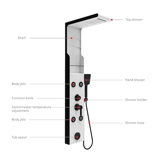 ELLO&ALLO Shower Panel Tower System with Shelf, Rainfall Shower Head and Rain Massage System with Body Jets, Stainless Steel Bathroom Fixtures, Marble&Black