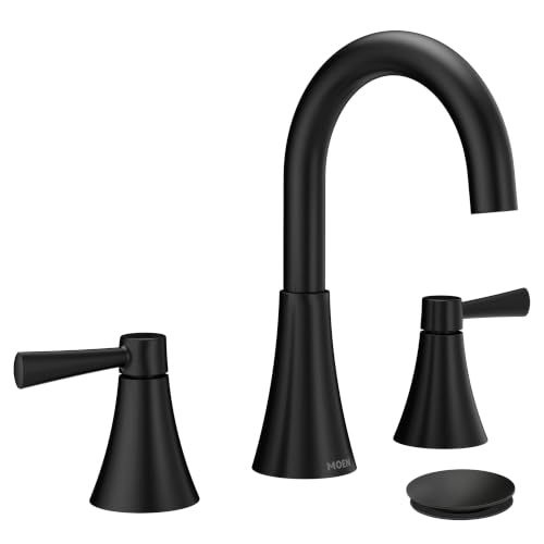 Moen 84023BL Ronan Matte Black 2-Handle Widespread Bathroom Sink Faucet | Valve included, push-down drain, widespread installation, modern design, matte black finish - color: Matte Black, size: Widespread (Pack of 1), style: Widespread