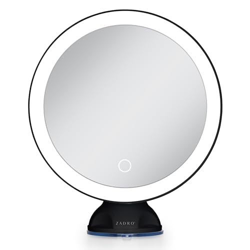 Zadro Zado 8.25-Inch x 6.9-Inch Round LED Lighted Wall Mounted Suction Cup Makeup Mirror with 10X Magnification and Touch Controls (Black) - color: Black
