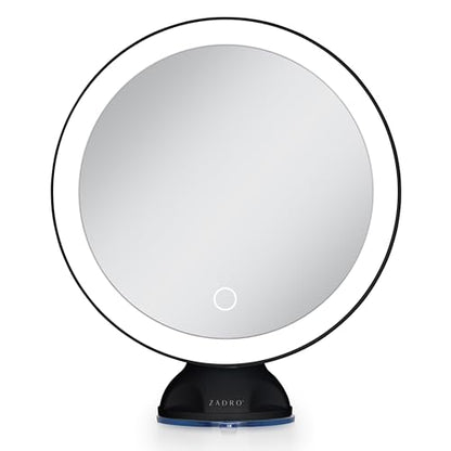 Zadro Zado 8.25-Inch x 6.9-Inch Round LED Lighted Wall Mounted Suction Cup Makeup Mirror with 10X Magnification and Touch Controls (Black) - color: Black