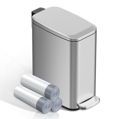 KSSKSS Small Bathroom Trash Can with Lid Soft Close, Step Pedal, 6L / 1.6 Gal Stainless Steel Garbage Bin with Removable Inner Bucket, Slim Wastebasket for Narrow Spaces (Silver) - color: Silver--P
