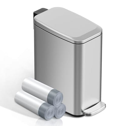 KSSKSS Small Bathroom Trash Can with Lid Soft Close, Step Pedal, 6L / 1.6 Gal Stainless Steel Garbage Bin with Removable Inner Bucket, Slim Wastebasket for Narrow Spaces (Silver) - color: Silver--P