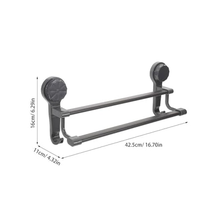 Lurrose Double Pole Suction Cup Towel Rack 40cm No Drill Wall Mount Towel Holder Gunmetal Gray Bathroom Kitchen