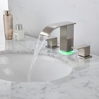 Bathroom faucets 3 Hole Brushed Nickel Vanity Faucet with led Waterfall Bathroom Faucet 3 Hole Sink Faucet Bathroom 8 inch Widespread Modern Parts Touch on 2 Handle - color: Brushed Nickel
