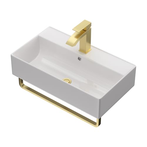 21x12 Inch Wall Mounted Vessel Sink with Gold Faucet Combo, White Ceramic Rectangle Bathroom Vanity Basin, Modern Floating Lavatory for Small Bathroom - color: Gold-Wall Mounted, size: 21''x12''