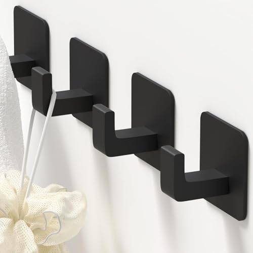 GWAAZXGZ Square Self Adhesive Towel Hooks - 4 Pack Matte Black Metal Hooks, Right-Angle Design for Towels, Robes & Hats, Organize Bathroom, Kitchen, Entryway, Doors, Cabinets on Smooth Surfaces - color: Black, size: 4 Pack