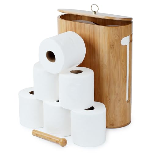 Gobam Bamboo Toilet Paper Storage with Dual-Use Lid, Freestanding Bathroom Tissue Organizer with Viewing Slot, Built-In Handle, Anti-Slip Base, Compact Toilet Paper Holder Stand for up to 6 Mega Rolls - size: 6 Roll - Oval