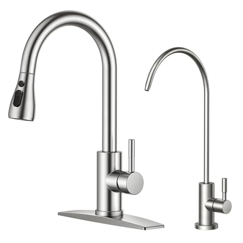 FORIOUS Pull Down Kitchen Faucet and Water Filter Faucet, Brushed Nickel | Single Handle Stainless Steel, Modern Bar Sink Faucet and Drinking Purifier Faucet Set for Kitchen Sink RV Farmhouse Camper - color: Stainless Steel, style: Modern