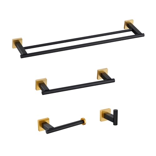 Miyili 4-Piece Bathroom Hardware Kit Set Stainless Steel Wall Mount - Includes Double Towel Bar, Hand Towel Rack, Toilet Paper Holder, Robe Hook, Black & Gold, BS02BG4 - color: Black & Gold