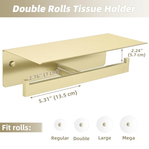 Brushed Gold Double Toilet Paper Holder with Shelf, 304 Stainless Steel Wall Mount Tissue Roll Holder for Bathroom - color: Brushed Gold, size: Double Rod