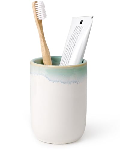 BosilunLife Ceramic Toothbrush Holder - 12oz Bathroom Toothbrush Holder Tooth Brush Holders Tumbler Cups Reusable Toothbrush Mouthwash Cup Small Toothbrush and Toothpaste Holder, White with Blue-Green - color: White With Blue-green-cyl, size: cylinder