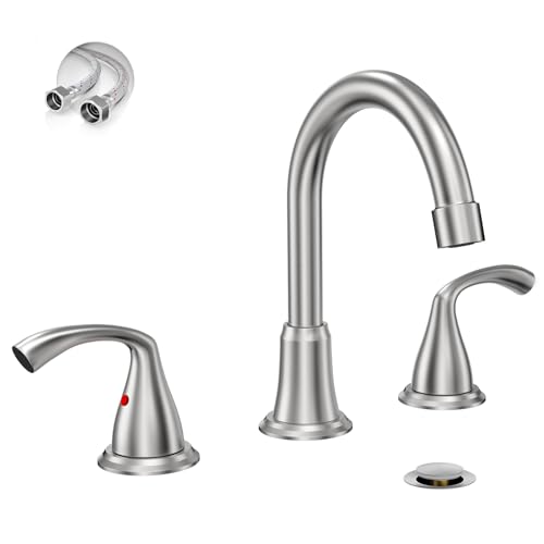 Phiestina 8 Inch Brushed Nickel Widespread Bathroom Sink Faucet, 2 Handle 3 Hole Bathroom Faucet with Metal Pop up Drain and Water Supply Lines, WFJC180-BN - color: Brushed Nickel-8 IN, style: 1 pack