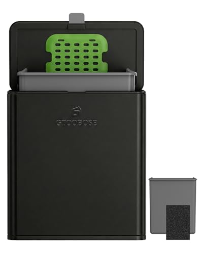 Kitchen Compost Bin, 8L/2.1G Small Trash Can with Lid, Slim Stainless Steel Hanging Garbage Bin for Kitchen, Bathroom, Bedroom, Office, Wall Mounted Compost Bin with Inner Bucket, Black - size: 8L-Black