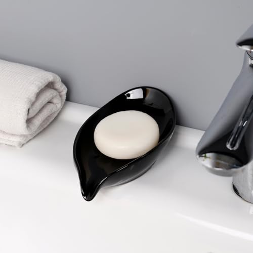 Soap Dish, Self Draining Soap Holder, Leaf Shape Ceramic Bar Soap Holder Drain Soap Dishes for Bathroom Sink Kitchen, Easy to Clean, Keeps Soap Dry, Black, ANTIS'S HOME - color: Black-1pcs-enhanced Draining