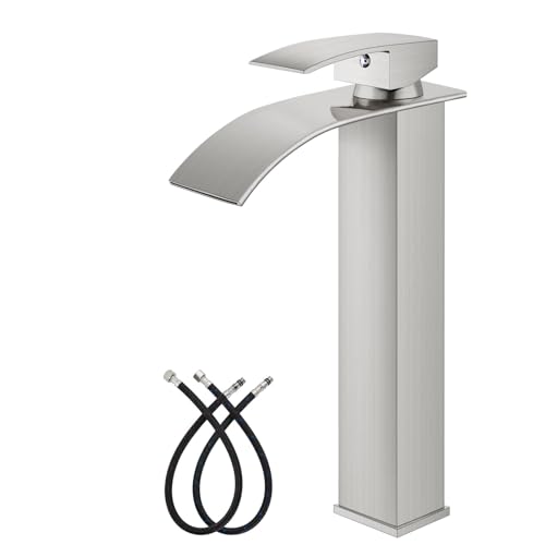 gotonovo Waterfall Tall Bathroom Faucet 1 Hole No Drain, Brushed Nickel | Modern Vessel Sink Faucet Single Handle 304 Stainless Steel,24” cUPC Supply Hoses,for Bowl Basin Lavatory Vanity Restroom RV - color: Nickel