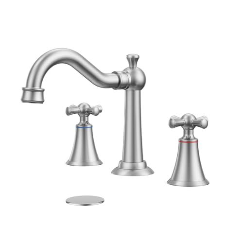 Hurran 8 Inch Widespread Bathroom Sink Faucet Brushed Nickel, 3 Hole 2 Cross Handles Classic Vintage Antique Faucet with Metal Pop Up Drain and Supply Hoses for Vanity, RV, Farmhouse - color: Nickel, size: 8in