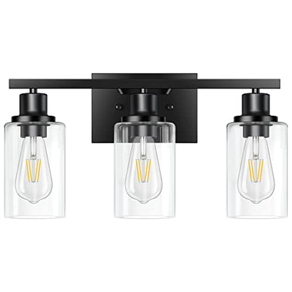 3-Light Vanity Light, Matte Black Bathroom Lighting Fixtures Over Mirror, Modern Metal Wall Lights for Hallway Kitchen Bedroom Living Room | Wall Sconce Light Fixture with Clear Glass Shade Matte Black Modern Metal Wall Lights for Hallway Kitchen Bedroom