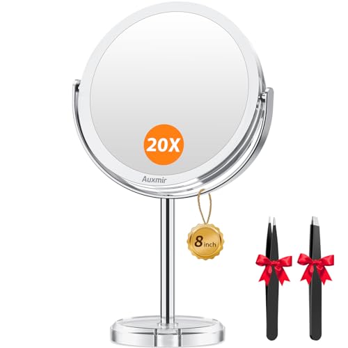 Auxmir 1X/20X Double-Sided Makeup Mirror, 8" Magnifying Mirror | 360°rotation, tweezers, vanity desk table stand travel, stainless steel and ABS construction, 20X magnification - color: 1x/20x-8 Inch