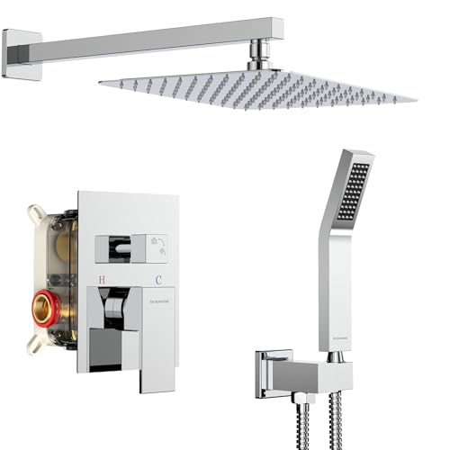 SR SUN RISE Polished Chrome Square Rainfall Shower Head and Handle Set, Wall Mounted Shower Fixtures, Metal Shower Faucet Trim Repair Kits (With Shower Valve) - color: Polished Chrome, size: 10 Inch